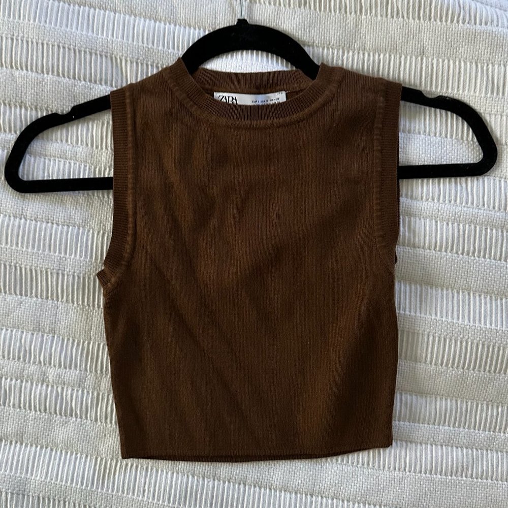 Zara Super Cropped Ribbed Brown Tank